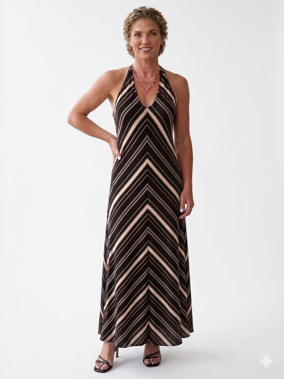 Soma Halter Maxi Dress Black Tan Chevron print Built-In soft bra EUC Size M